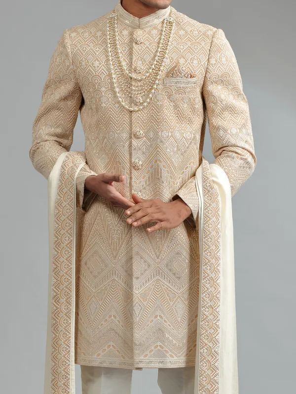 Traditional beige silk embroidery sherwani