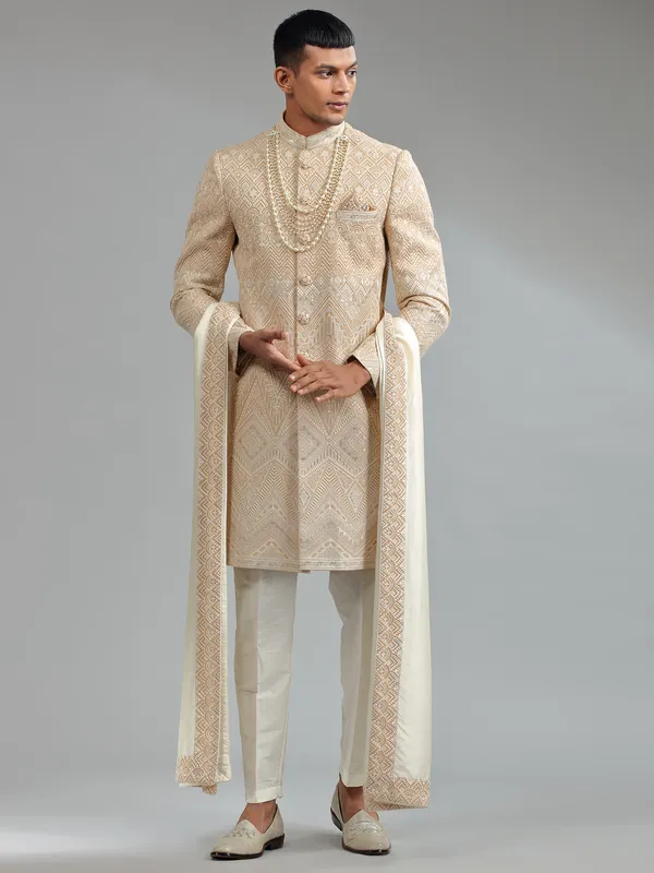 Traditional beige silk embroidery sherwani