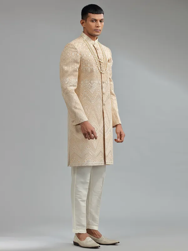 Traditional beige silk embroidery sherwani