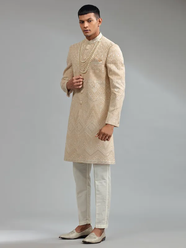 Traditional beige silk embroidery sherwani