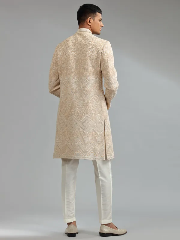 Traditional beige silk embroidery sherwani
