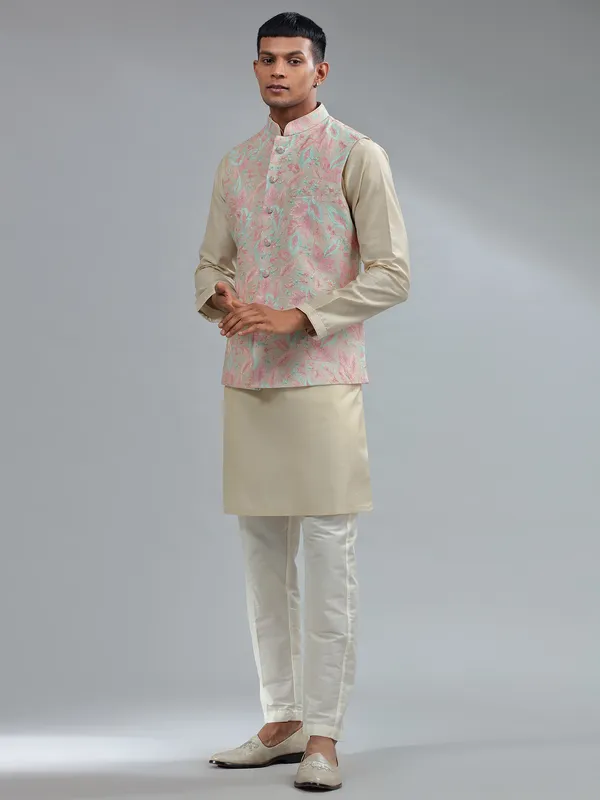 Traditional beige silk waistcoat set for wedding
