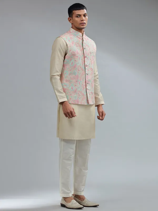 Traditional beige silk waistcoat set for wedding