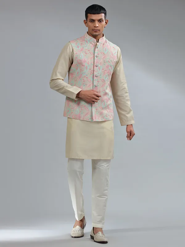 Traditional beige silk waistcoat set for wedding