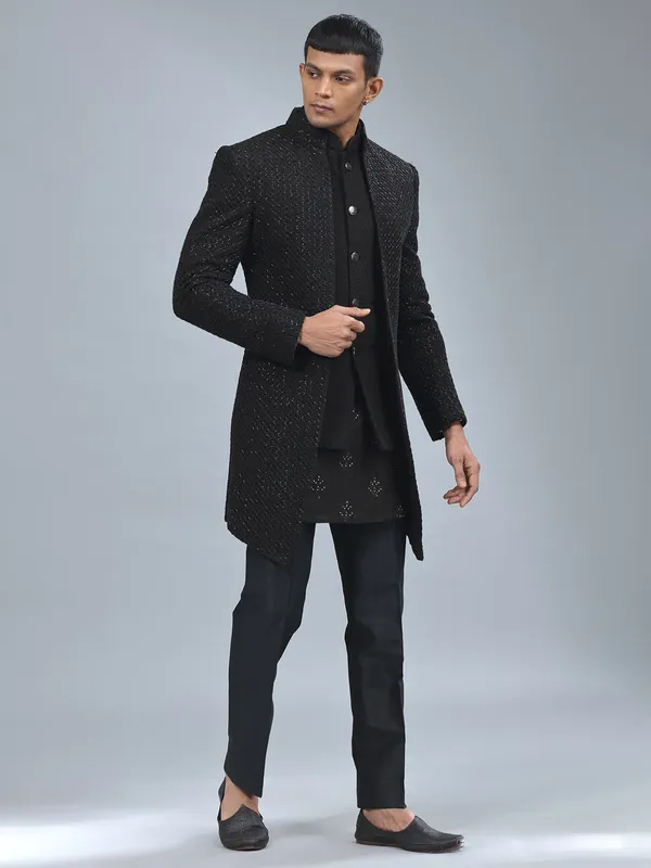Traditional black terry rayon indowestern