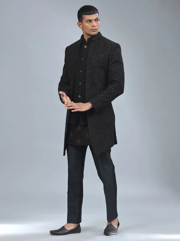 Traditional black terry rayon indowestern