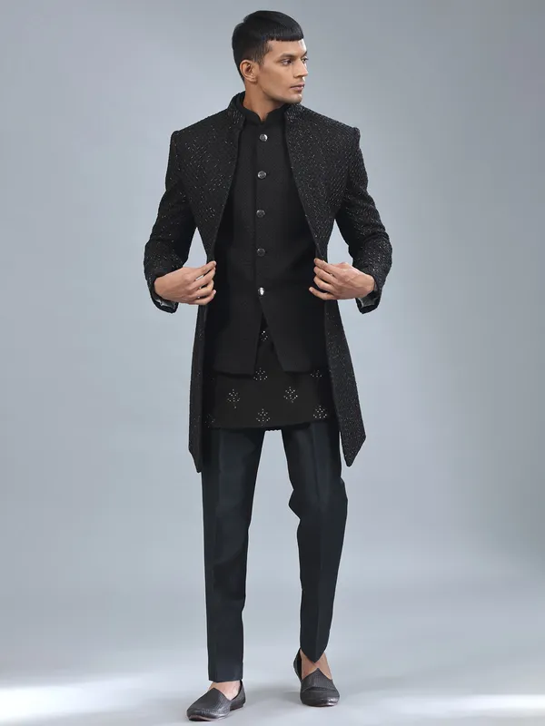 Traditional black terry rayon indowestern