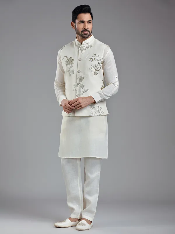 Traditional cream cotton linen kurta jacket set