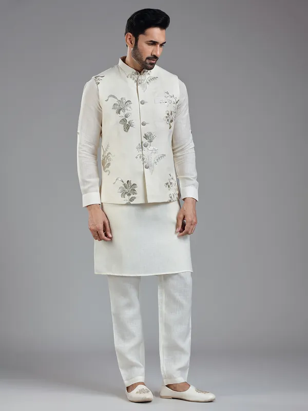 Traditional cream cotton linen kurta jacket set