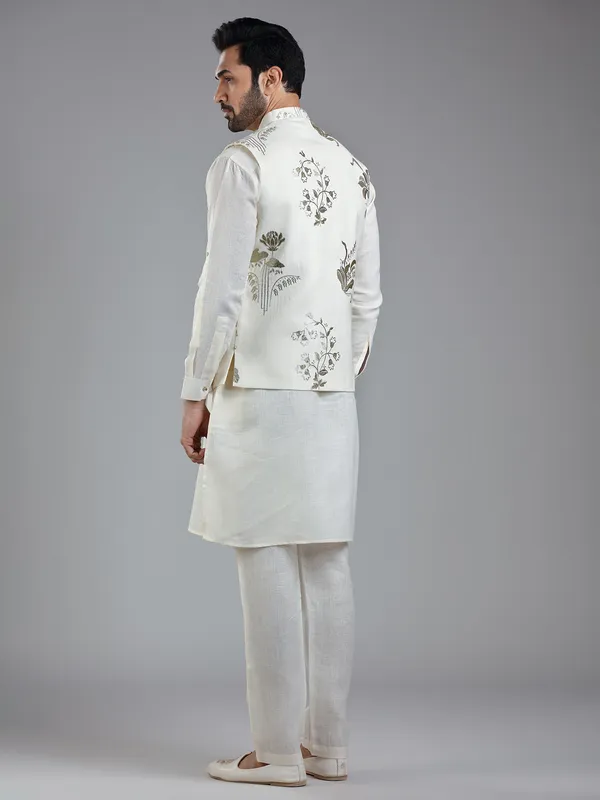 Traditional cream cotton linen kurta jacket set