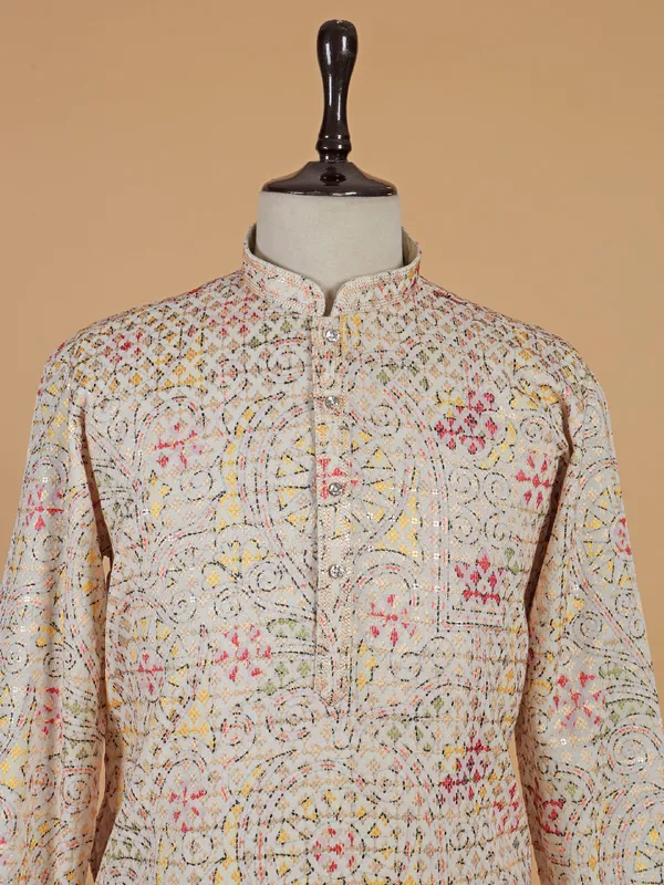 Traditional cream kurta suit with multicolor thread design