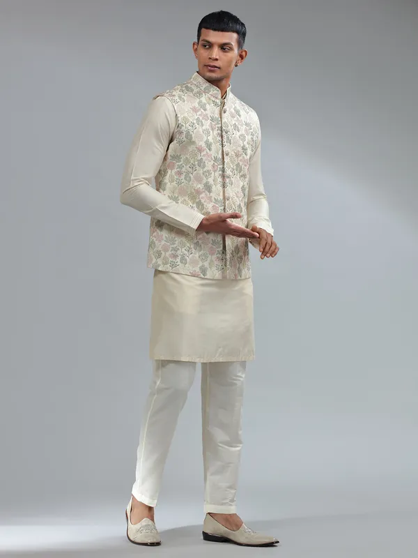 Traditional cream silk embroidery waistcoat set