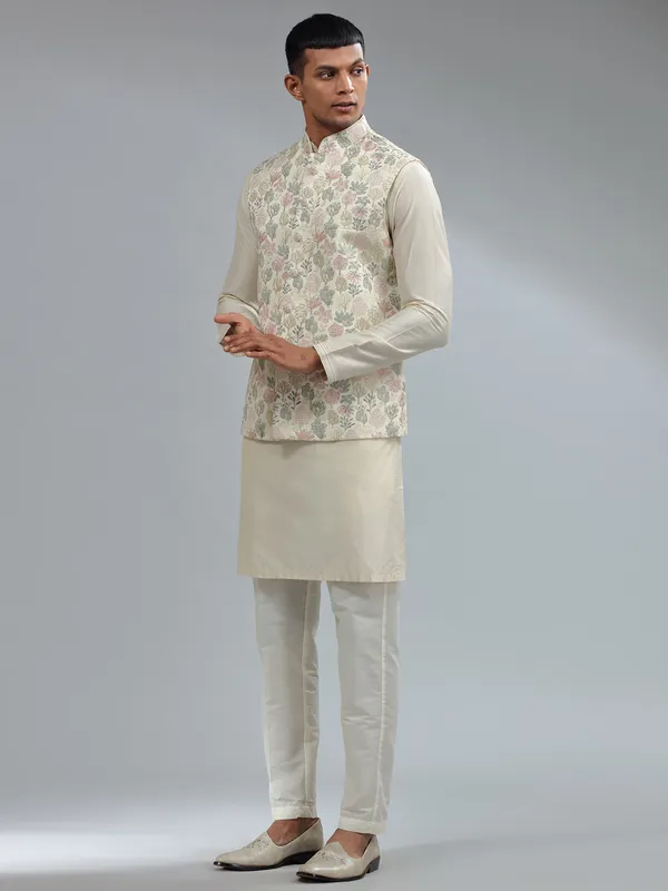 Traditional cream silk embroidery waistcoat set