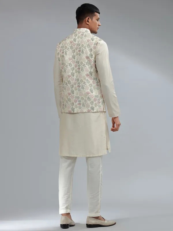 Traditional cream silk embroidery waistcoat set