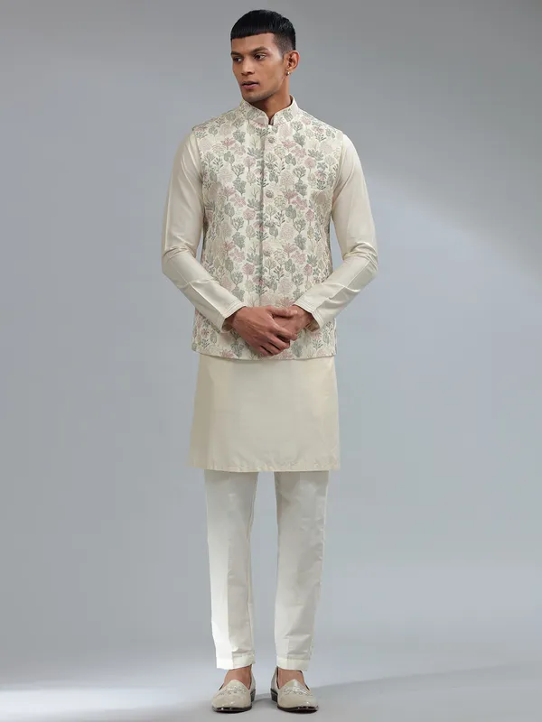 Traditional cream silk embroidery waistcoat set