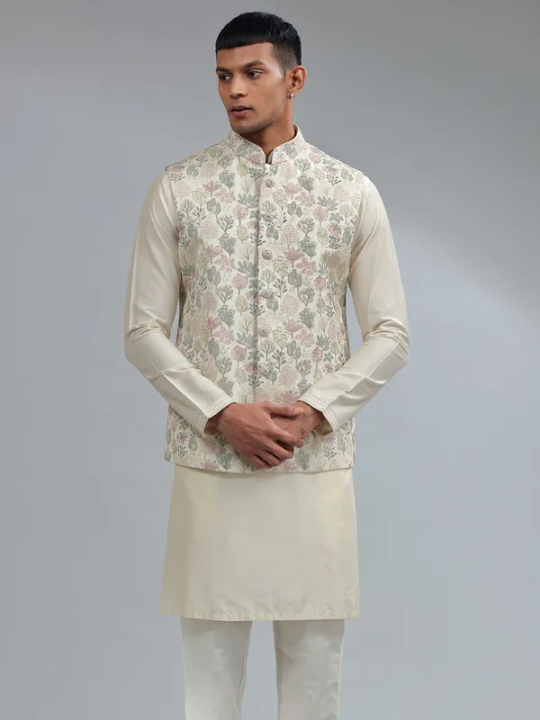 Traditional cream silk embroidery waistcoat set