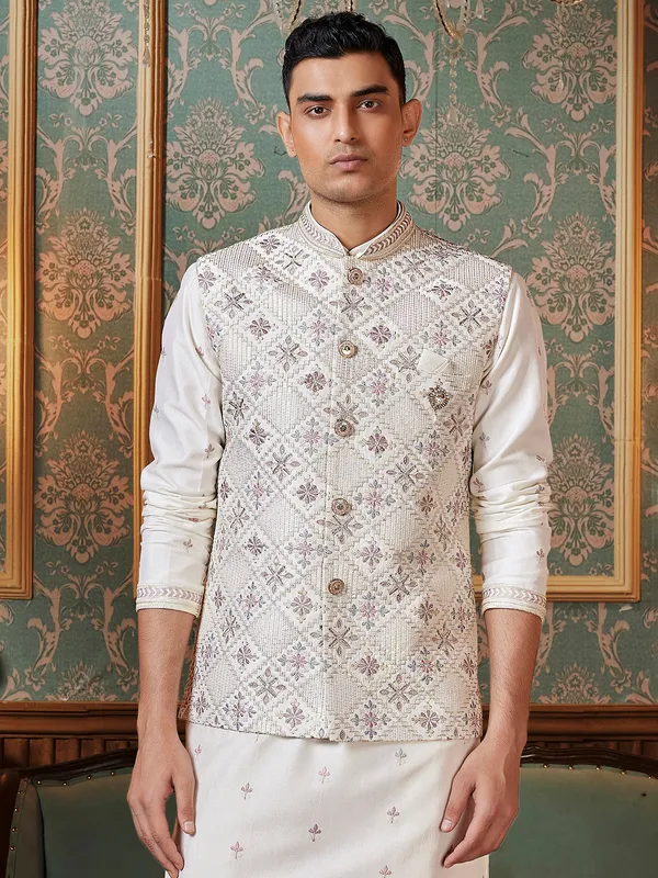 Traditional ivory kurta jacket set for men