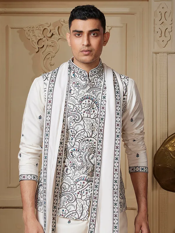 Traditional ivory kurta jacket set with matching dupatta