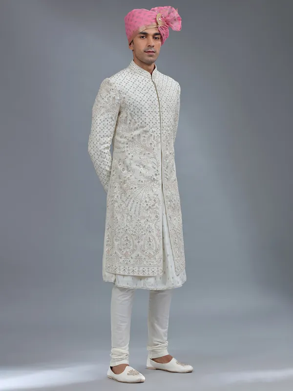 Traditional light cream peshwai style sherwani