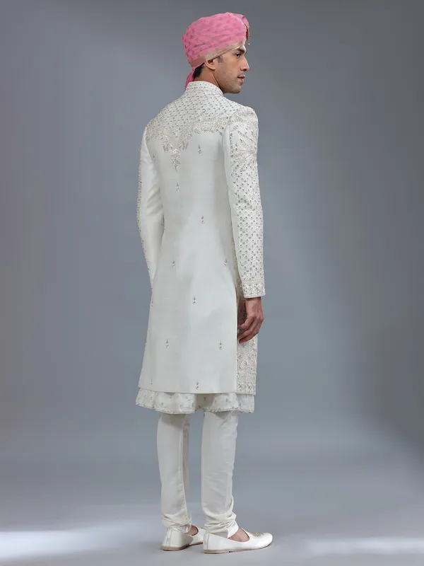 Traditional light cream peshwai style sherwani