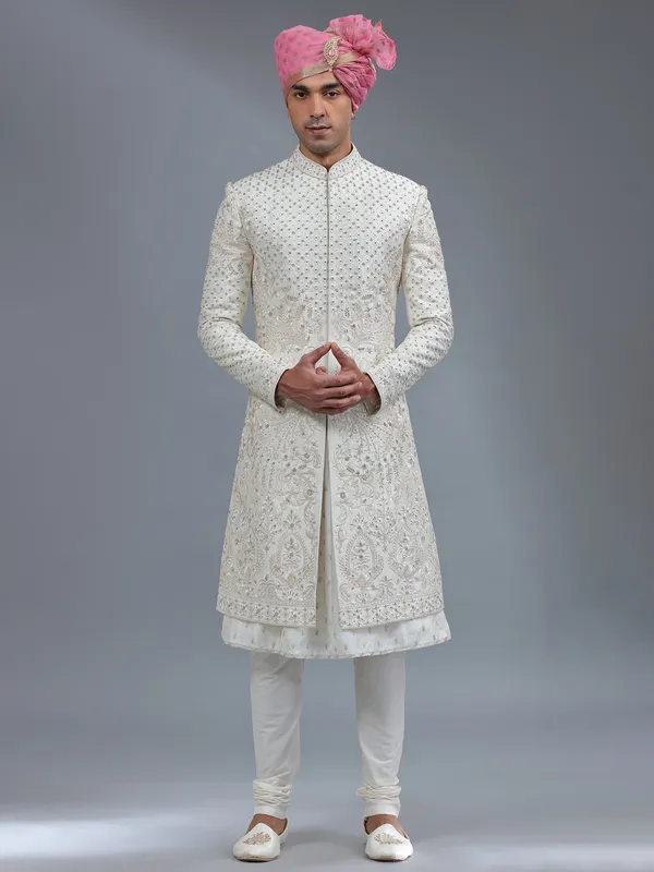 Traditional light cream peshwai style sherwani