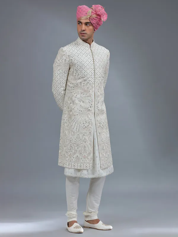 Traditional light cream peshwai style sherwani