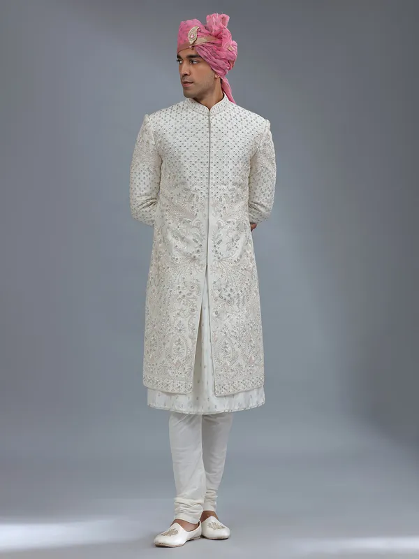 Traditional light cream peshwai style sherwani