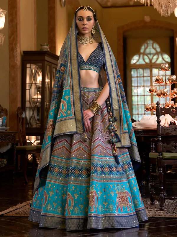 Traditional printed lehenga choli in blue and grey