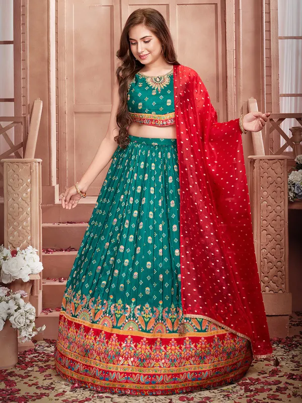Traditional silk green and red lehenga choli