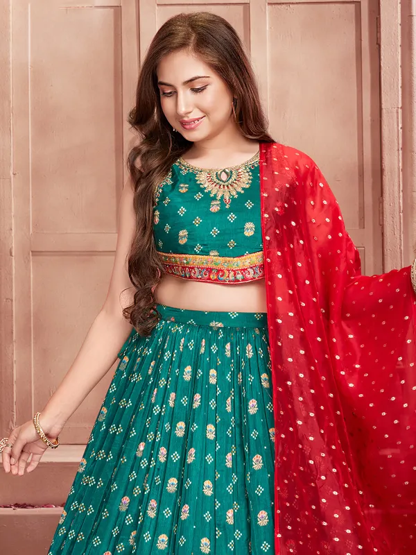 Traditional silk green and red lehenga choli