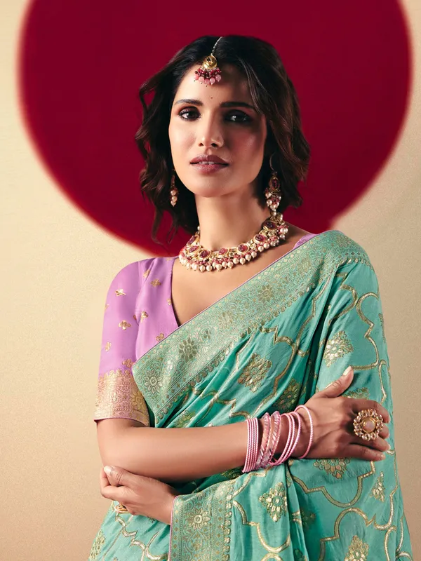 Traditional sky blue zari weaving saree