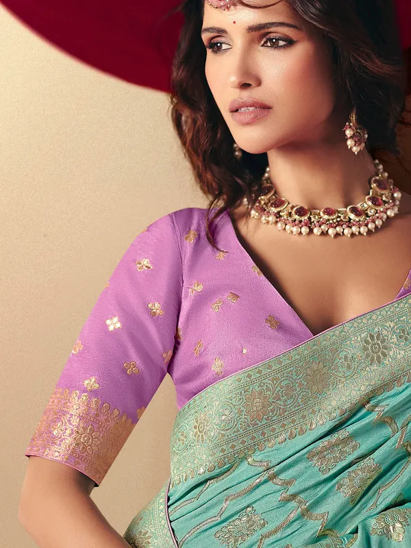 Traditional sky blue zari weaving saree