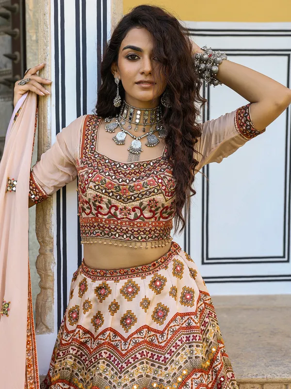 Traditional white and peach silk lehenga choli in print
