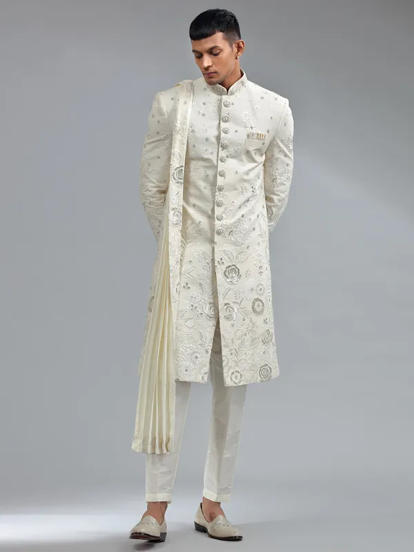 Traditional white silk floral embroidery sherwani