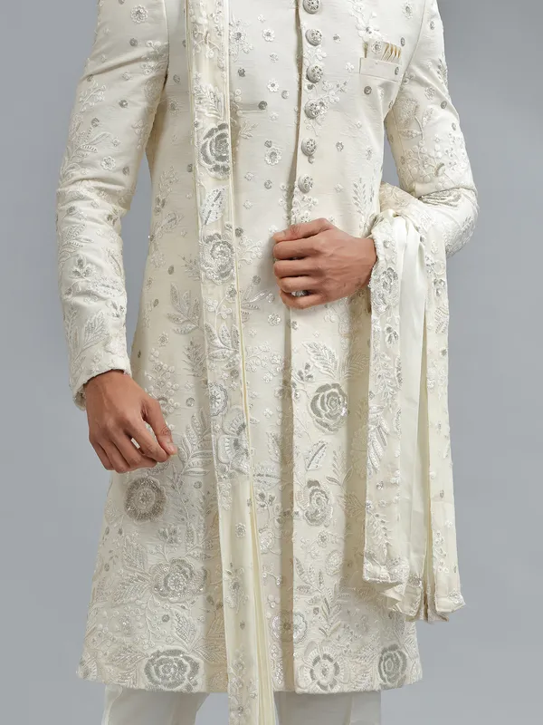 Traditional white silk floral embroidery sherwani