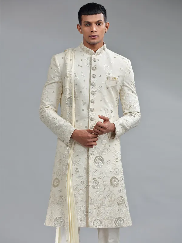 Traditional white silk floral embroidery sherwani