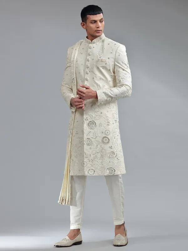 Traditional white silk floral embroidery sherwani