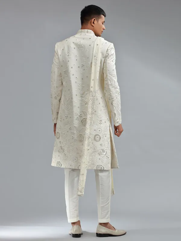 Traditional white silk floral embroidery sherwani
