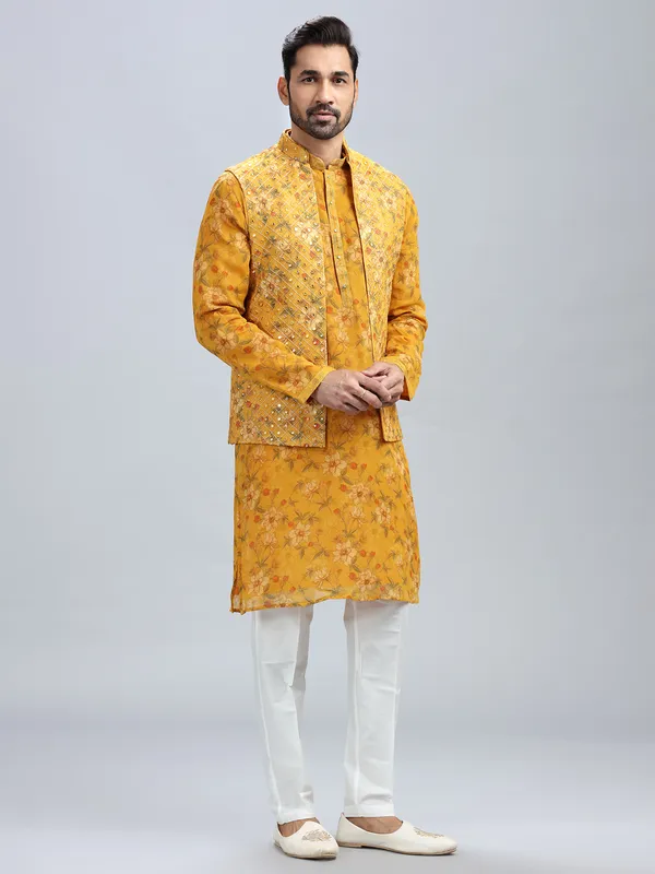 Traditional yellow georgette waistcoat set for men