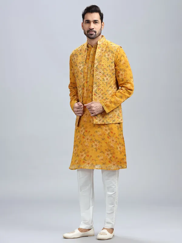 Traditional yellow georgette waistcoat set for men