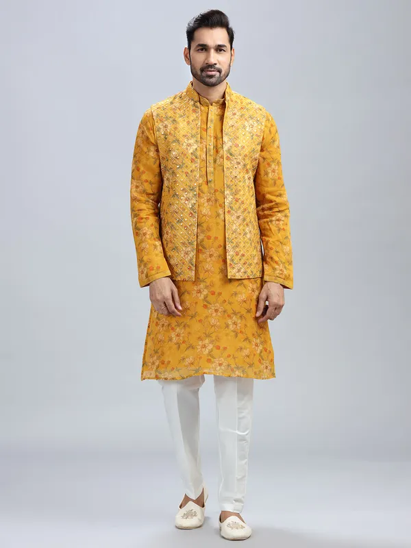 Traditional yellow georgette waistcoat set for men