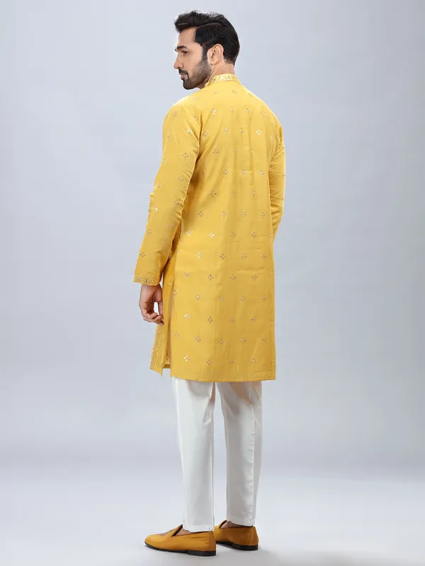 Traditional yellow silk kurta set for men