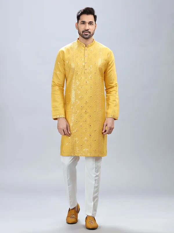 Traditional yellow silk kurta set for men