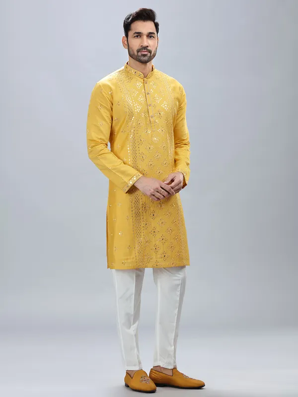 Traditional yellow silk kurta set for men