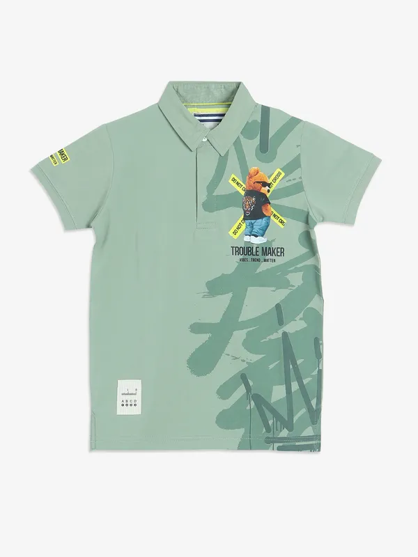 TREND sage green cotton printed t-shirt