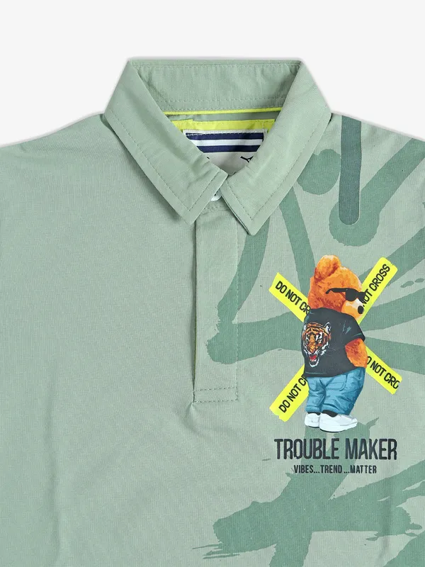 TREND sage green cotton printed t-shirt