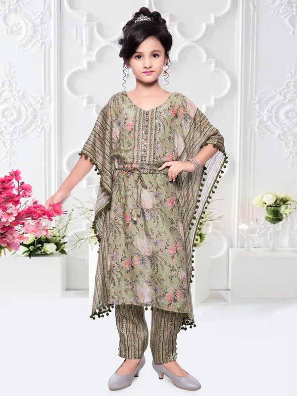 Trending pista green silk printed pant suit