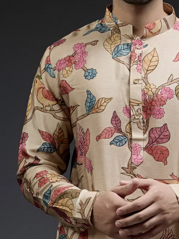 Trendy applique beige printed silk kurta suit for men