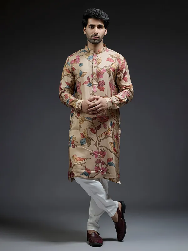 Trendy applique beige printed silk kurta suit for men