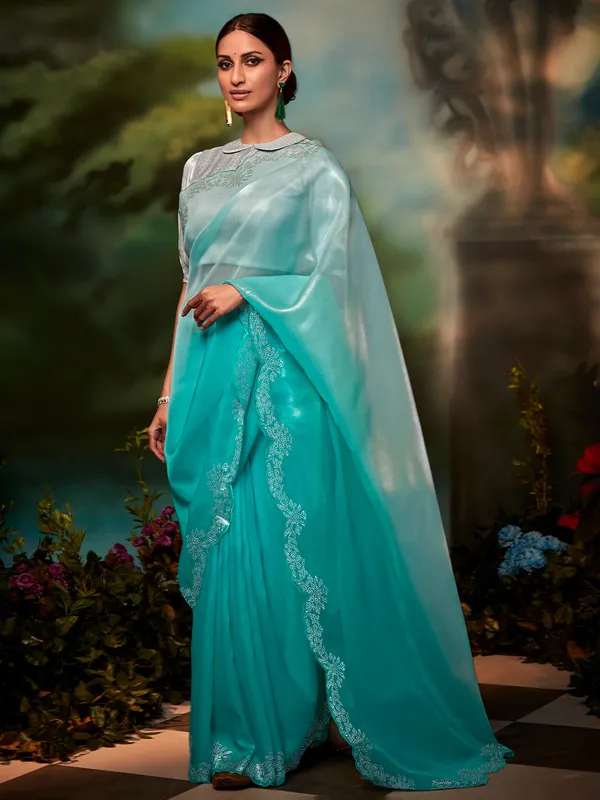 Trendy aqua organza saree for wedding